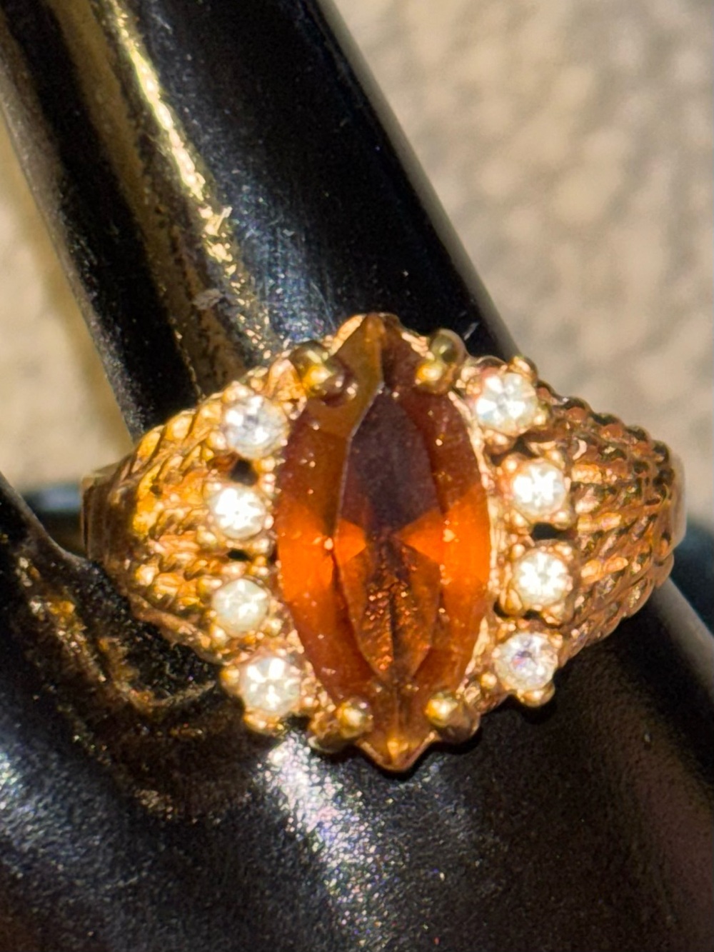 VARGAS 14K HGE COCKTAIL RING AMBER Marquise GLASS W/ RHINESTONES SIZE 5